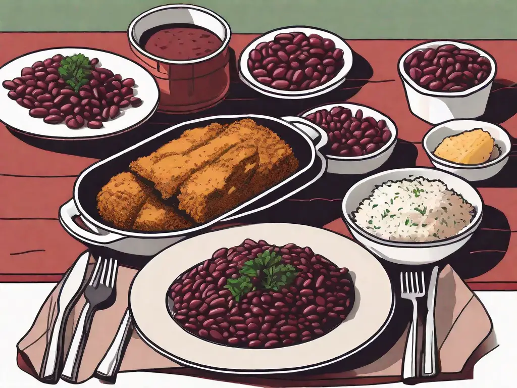 A table set with a dish of red beans and rice