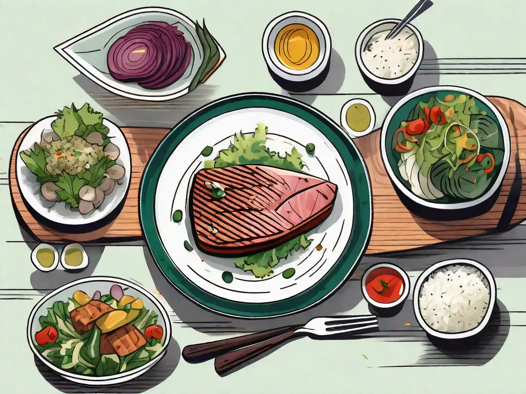 A beautifully plated tuna steak surrounded by various side dishes such as a green salad