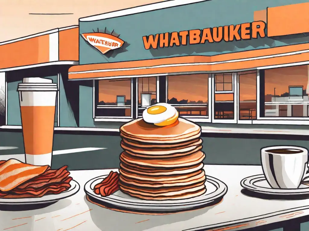 A whataburger restaurant during sunrise with a variety of breakfast foods like pancakes