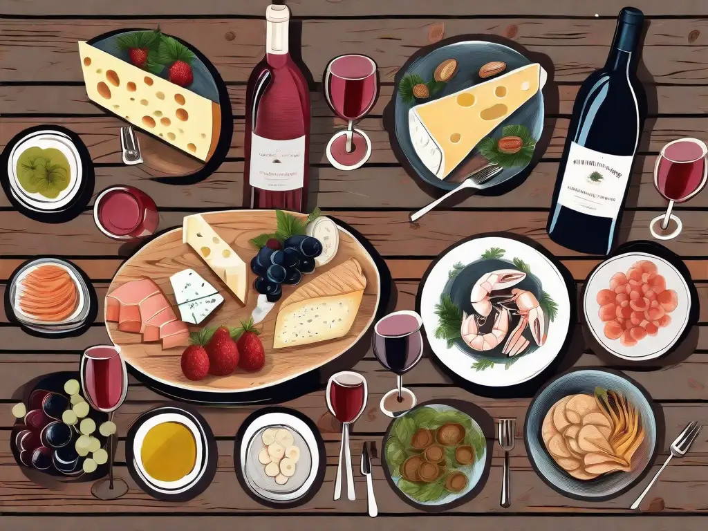 A variety of wine bottles paired with different types of food like cheese