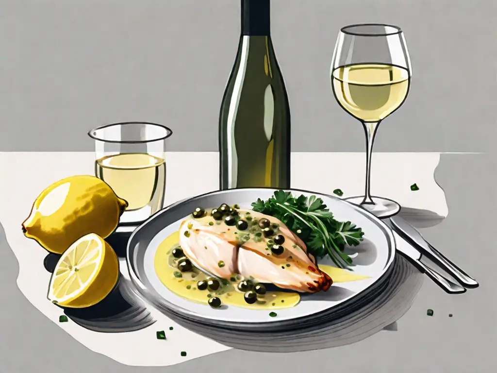 A chicken piccata dish elegantly plated next to a glass of white wine