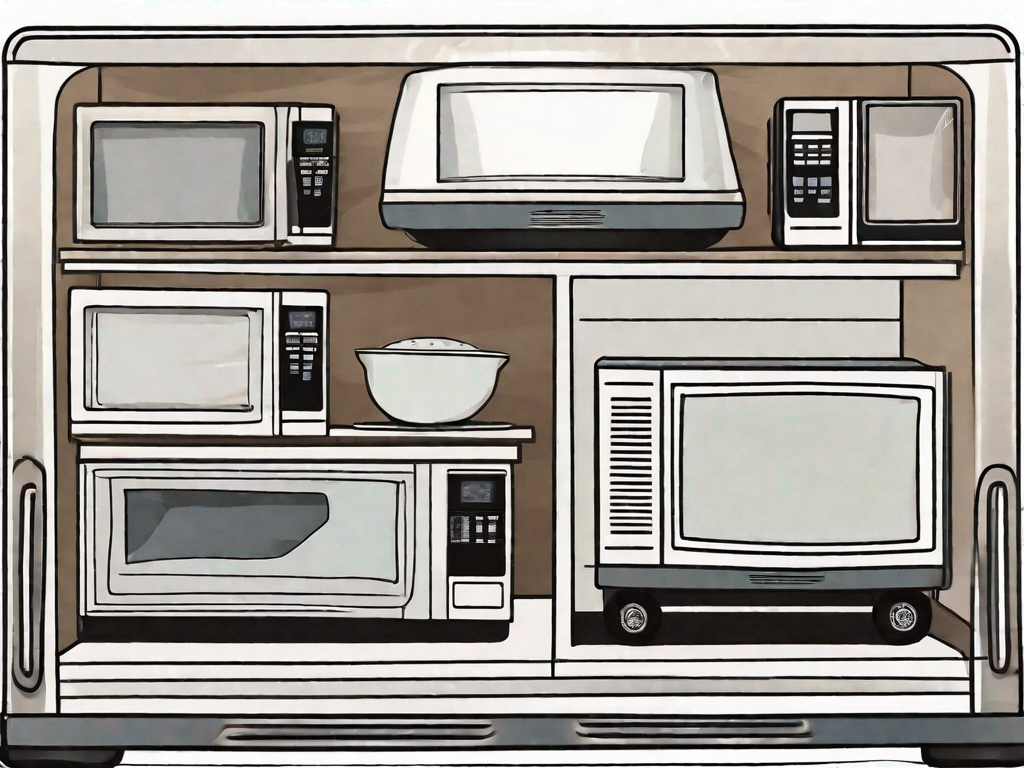Several different styles of microwaves sitting in the cab of a semi-truck