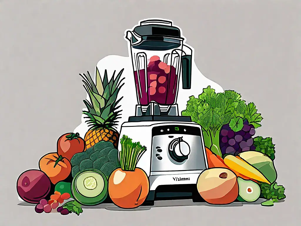 A large vitamix blender filled with a colorful variety of fruits and vegetables