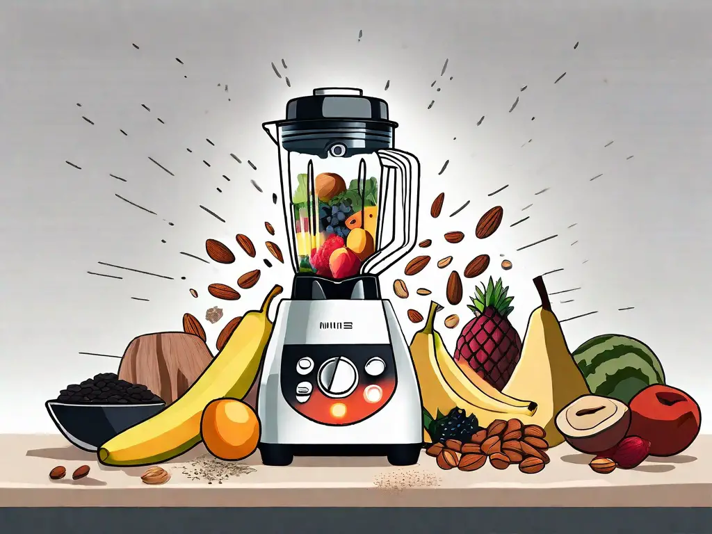 A blender filled with various ingredients like fruits