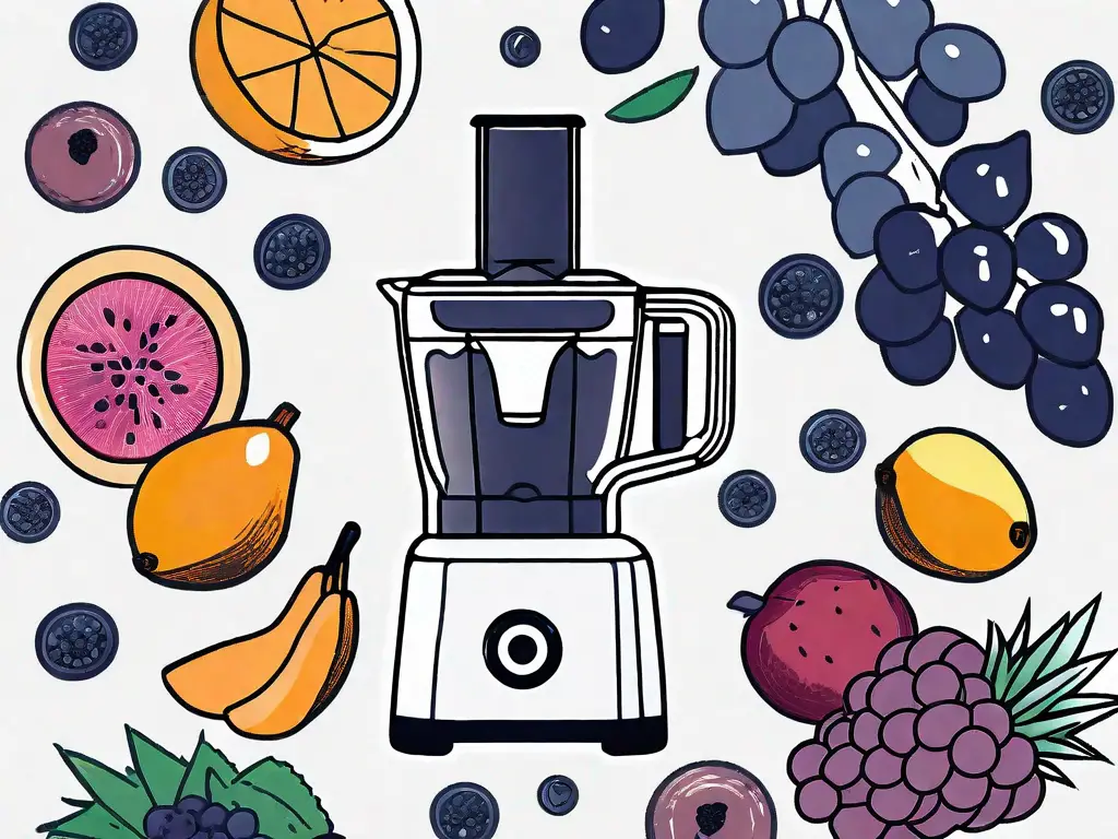 A blender with various fruits around it