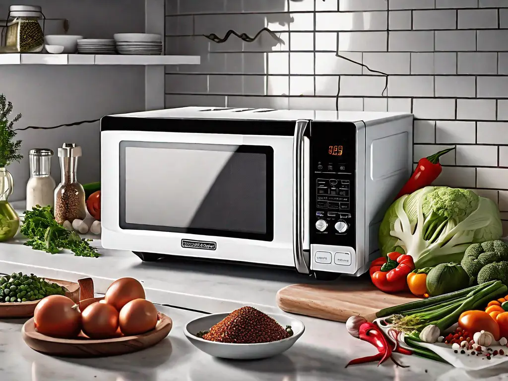 The black decker em720cb7 microwave on a kitchen counter
