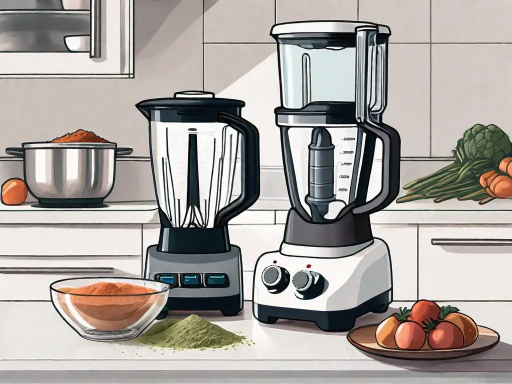 A blender and a mixer side by side on a kitchen countertop