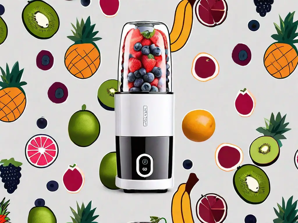 A blendjet portable blender with various fruits around it