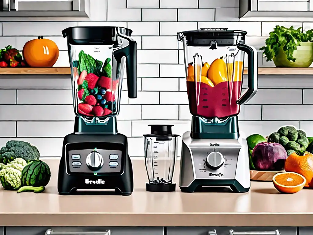 A blendtec and a breville blender side by side on a kitchen countertop