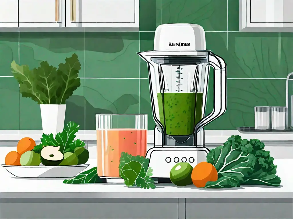 A blender filled with vibrant green kale leaves and other fresh fruits