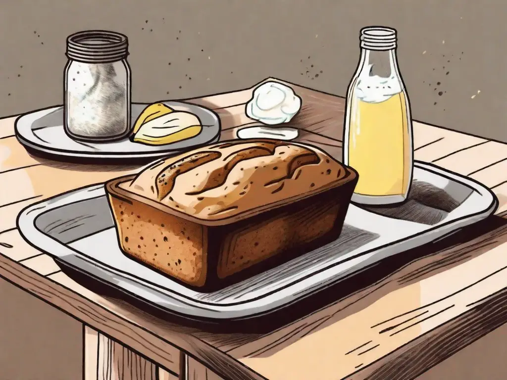 A loaf of banana bread with a small pile of various baking soda substitutes like yogurt