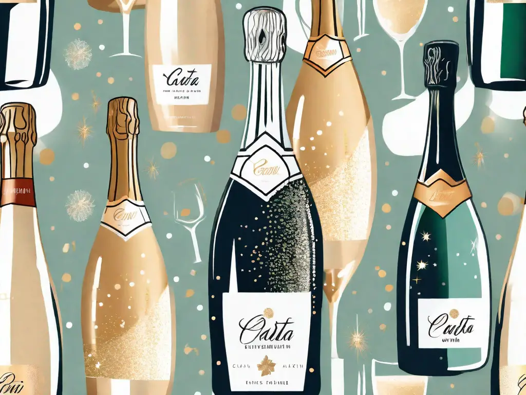 Several different types of sparkling wine bottles like cava