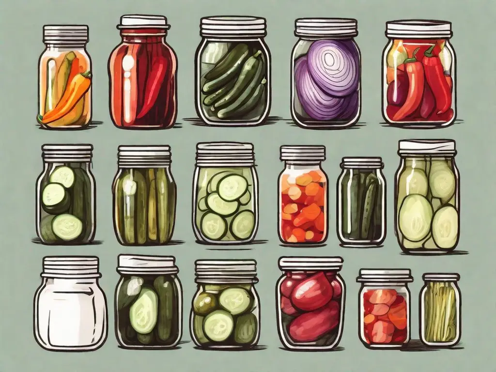 Various jars filled with colorful pickles
