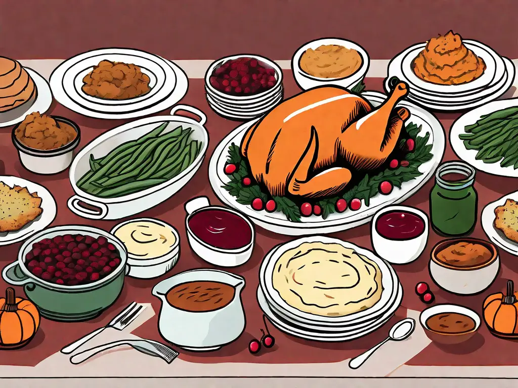 A festive table laden with various traditional thanksgiving side dishes such as mashed potatoes