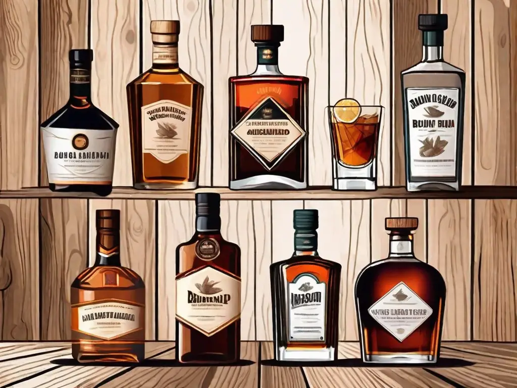 Various types of alcohol bottles such as rum