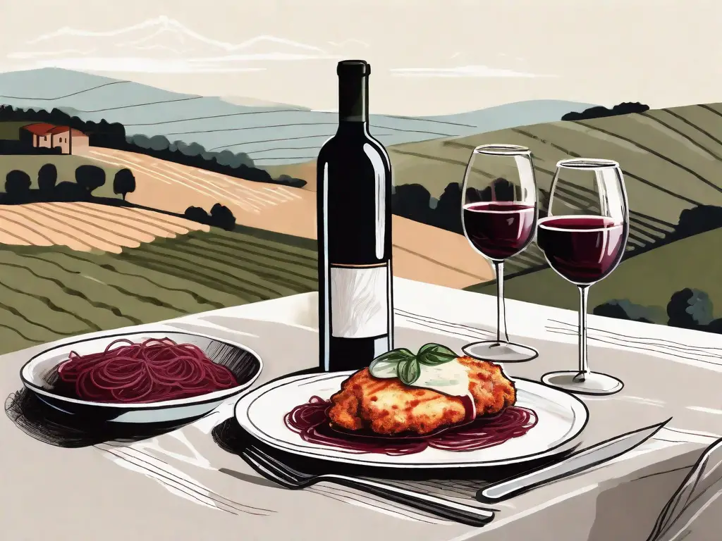 A table setting featuring a plate of chicken parmigiana