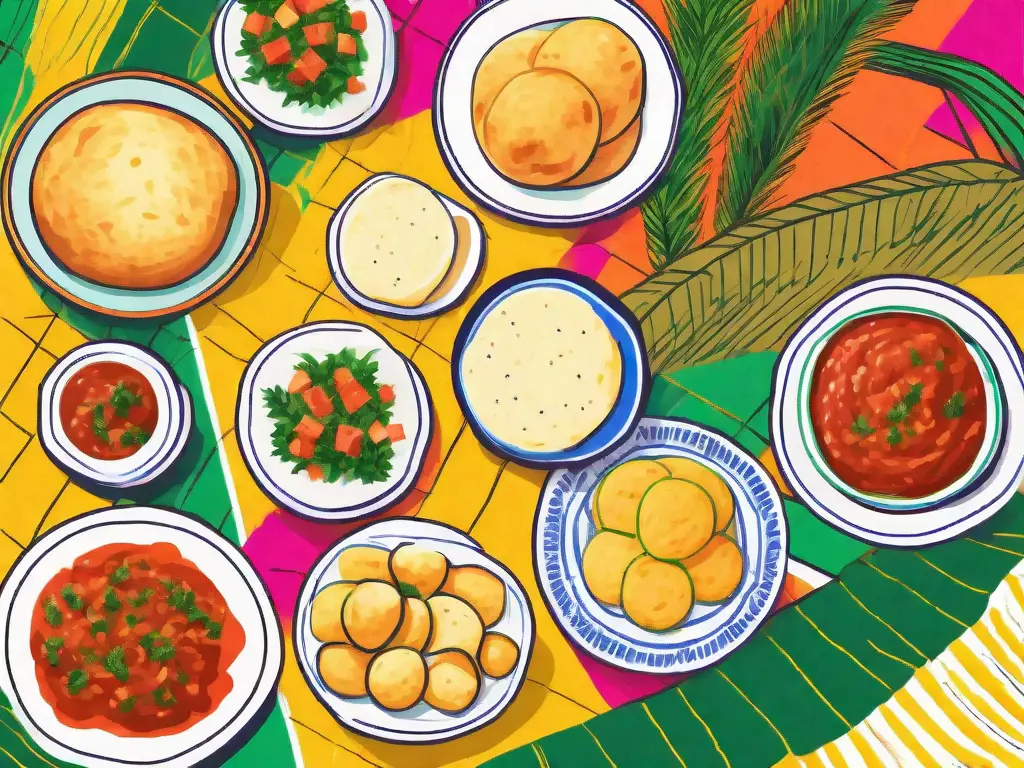 A variety of brazilian side dishes such as pão de queijo (cheese bread)