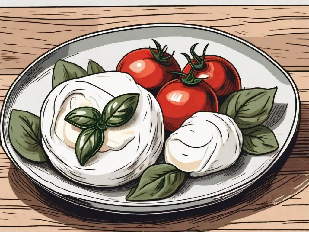 A whole burrata cheese with a cut section revealing its creamy inside