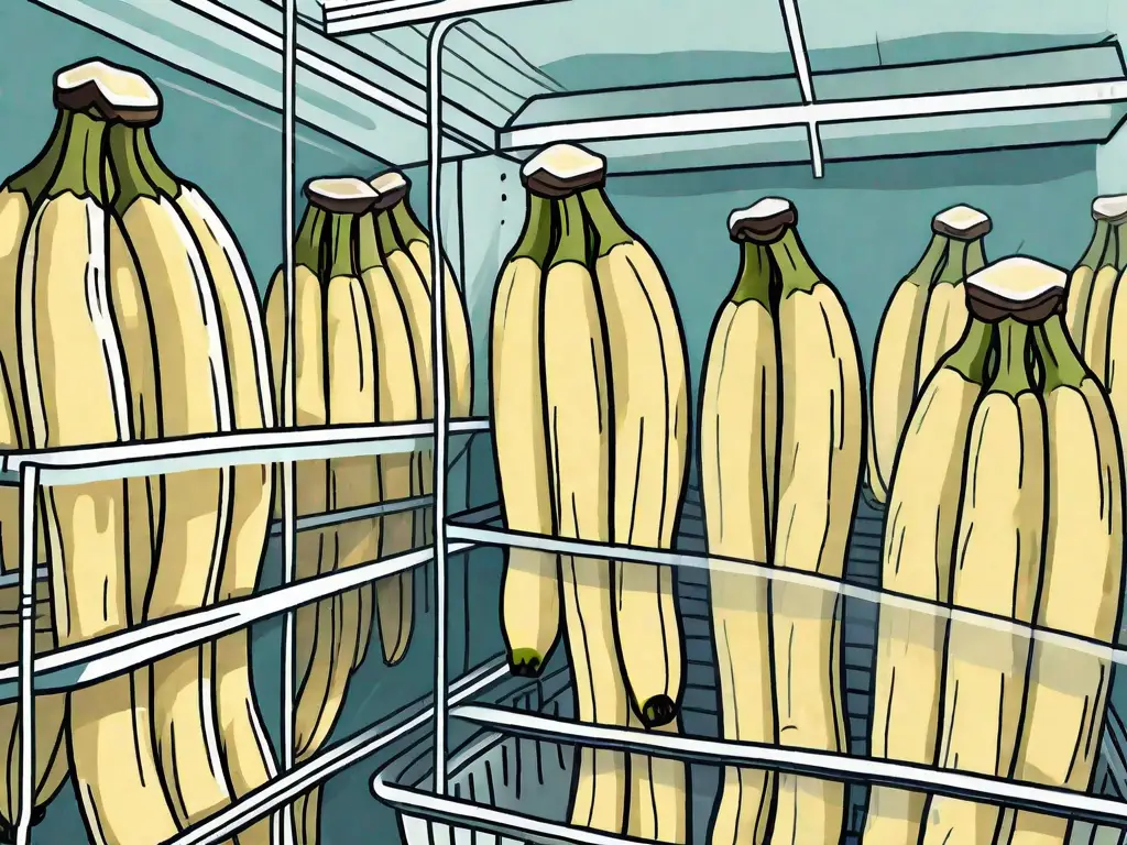 A bunch of frozen bananas inside a freezer with a few of them showing signs of spoilage
