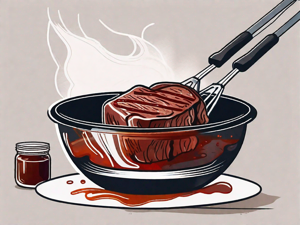 A juicy steak soaking in a bowl of barbecue sauce with a barbecue grill in the background