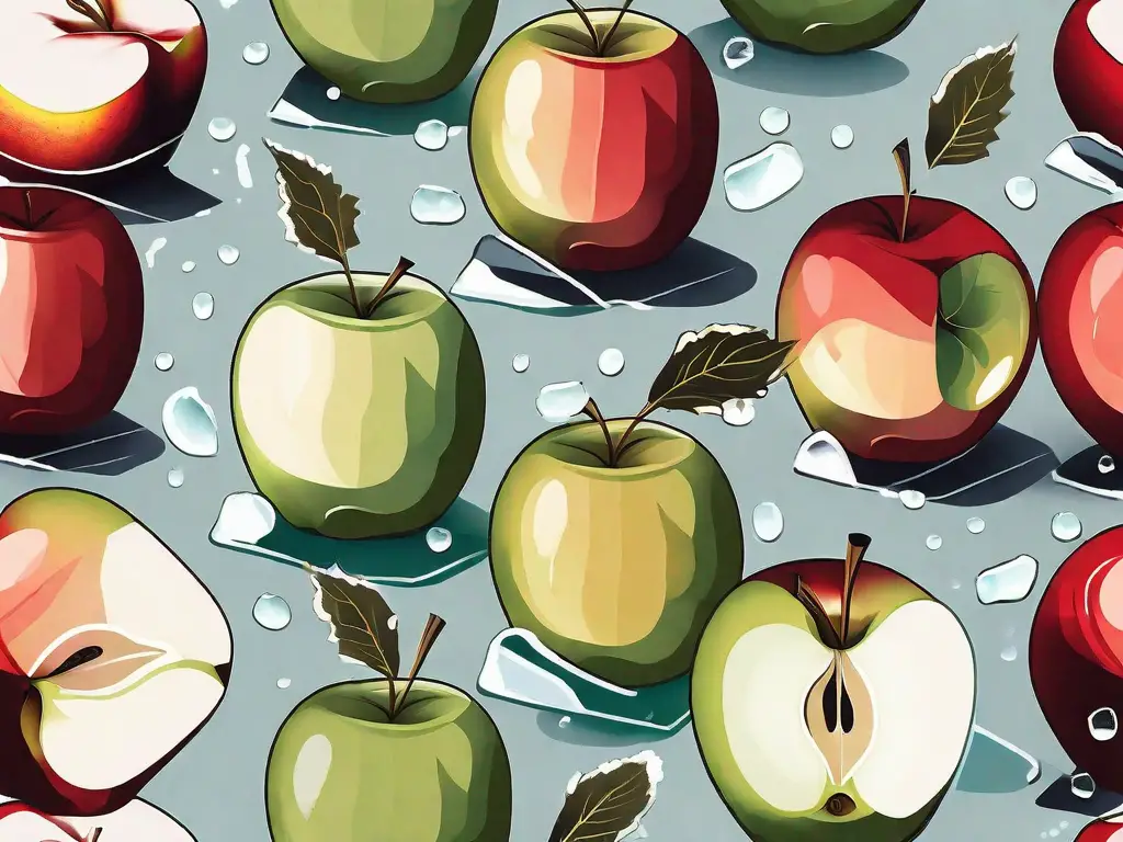 A variety of apples on a frosty background