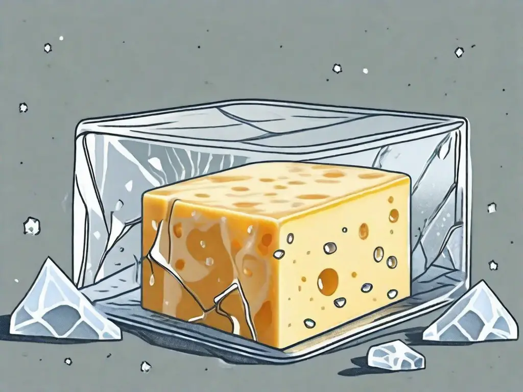 A block of american cheese surrounded by ice crystals
