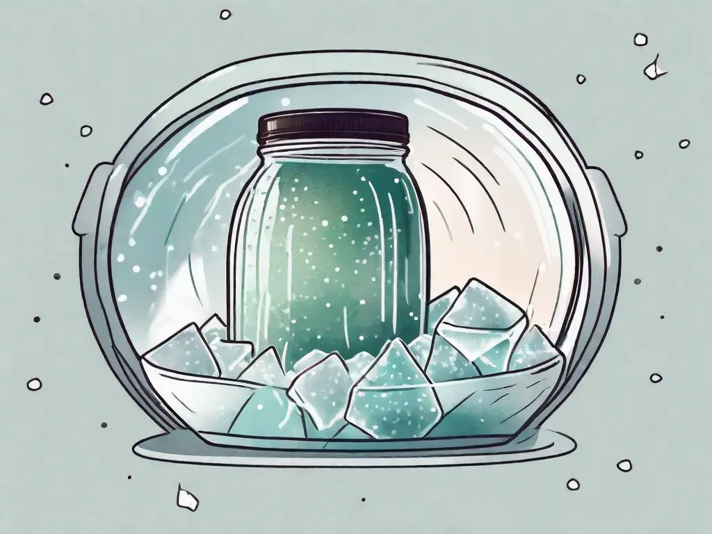 A jar of applesauce surrounded by ice crystals
