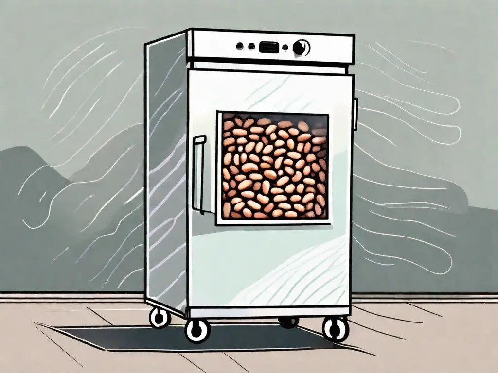 A freezer with a container of baked beans inside