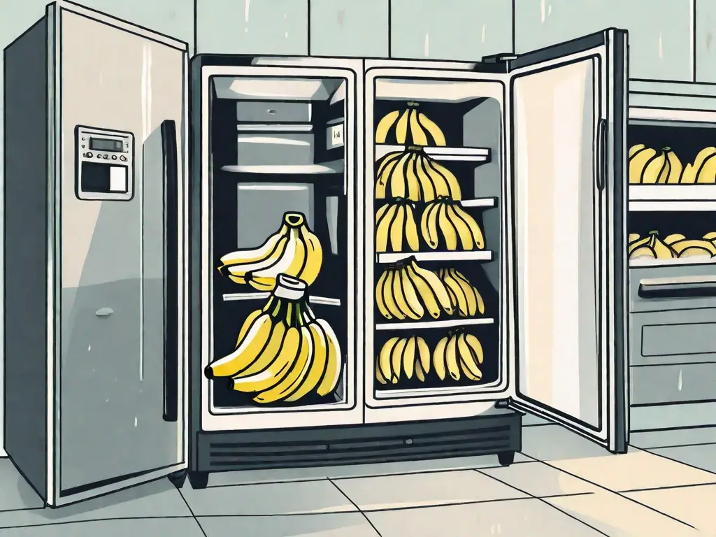 A bunch of bananas next to a freezer