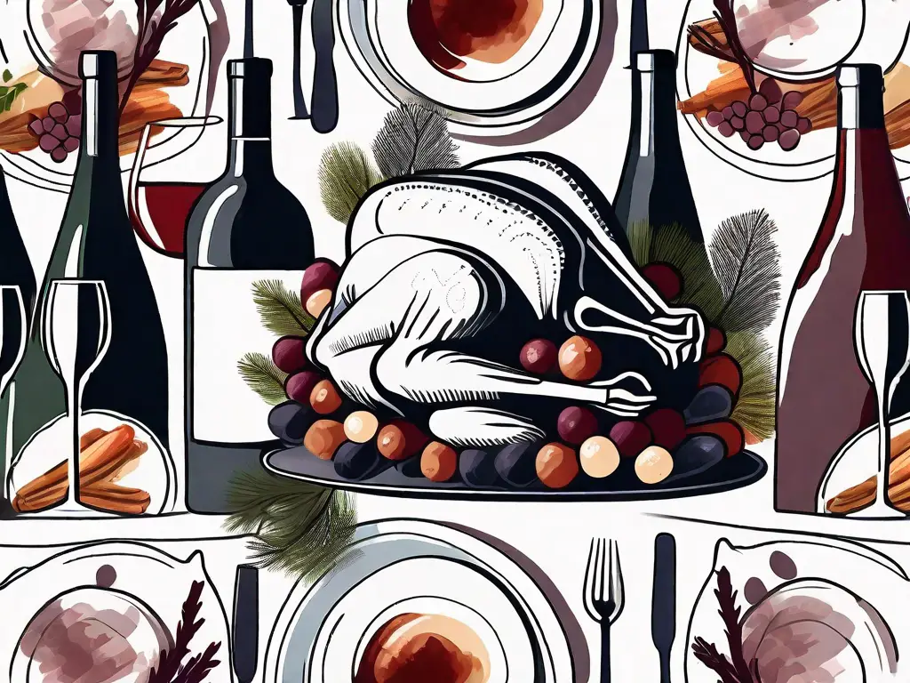 A festive table setting with a roasted turkey in the center