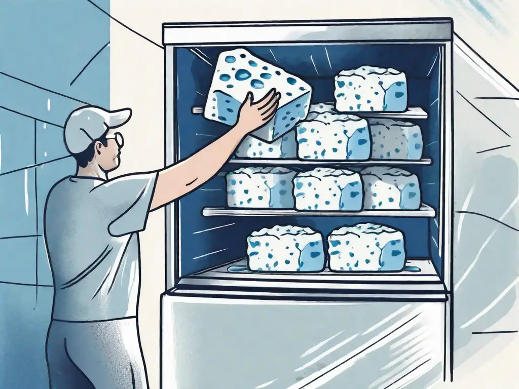 A piece of blue cheese being placed into a freezer