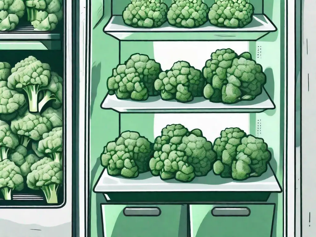 Fresh broccoli transitioning into frozen broccoli with a visual representation of a freezer in between