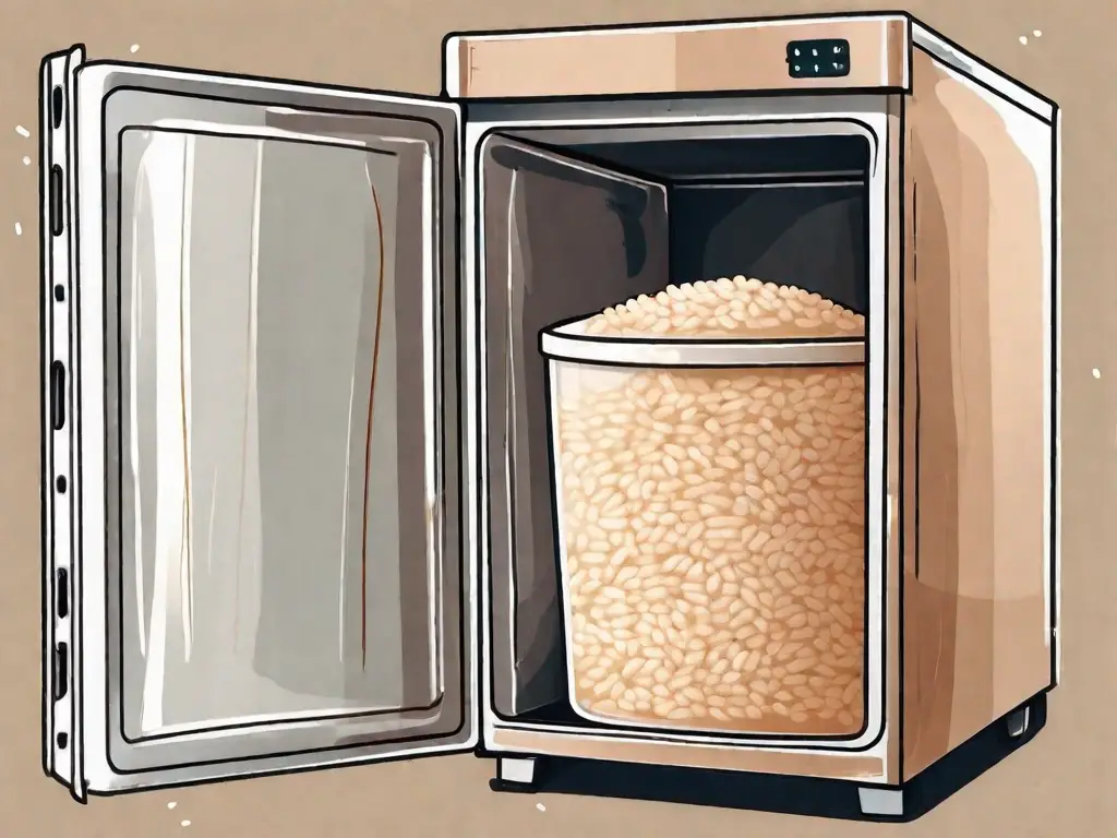 A freezer with a container of brown rice inside