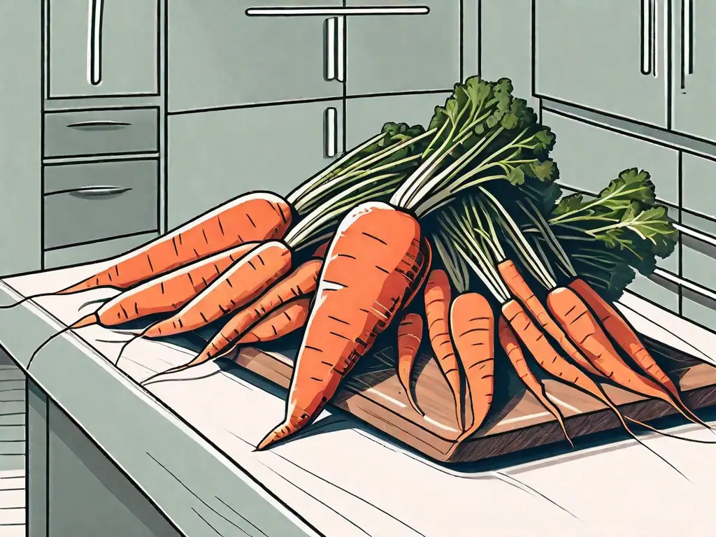 Fresh carrots on a cutting board next to a freezer