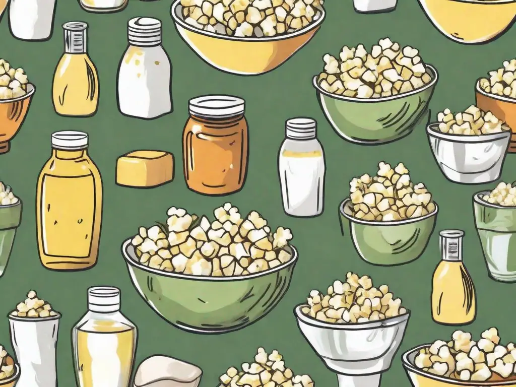 A bowl of popcorn surrounded by various butter substitutes like olive oil