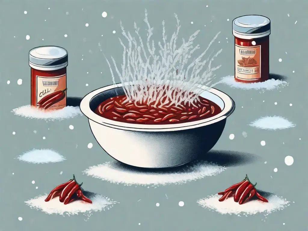 A bowl of chili being placed into a freezer