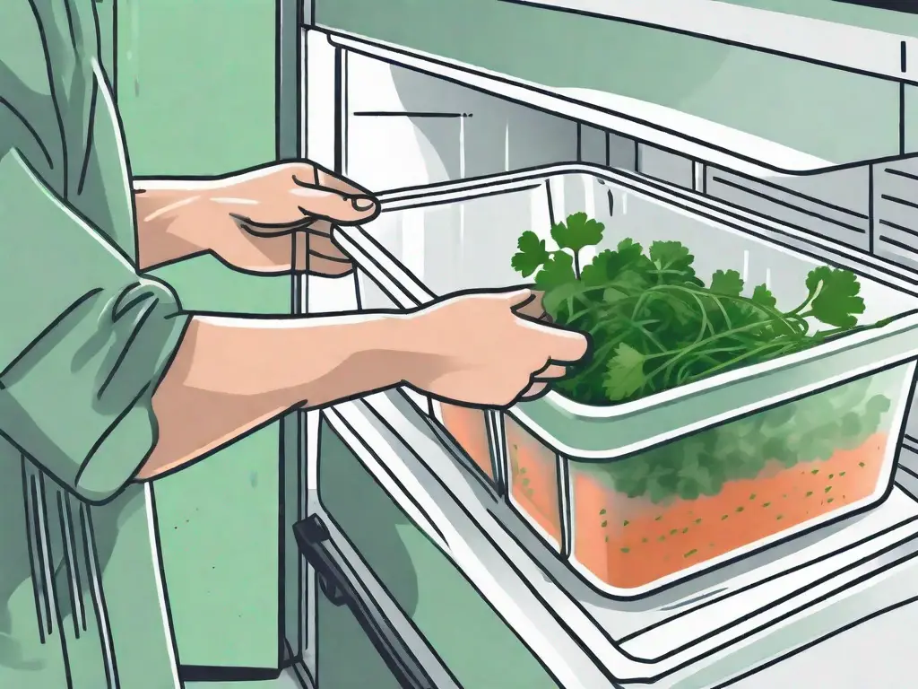 Fresh cilantro leaves being placed into a freezer-safe container