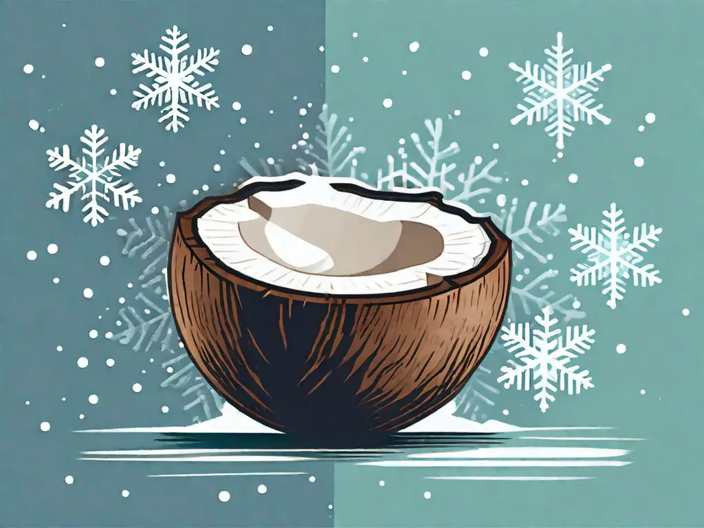 A coconut split in half with snowflakes around it