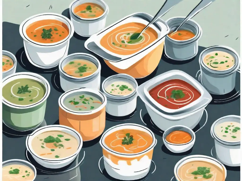 A variety of cream-based soups in different containers