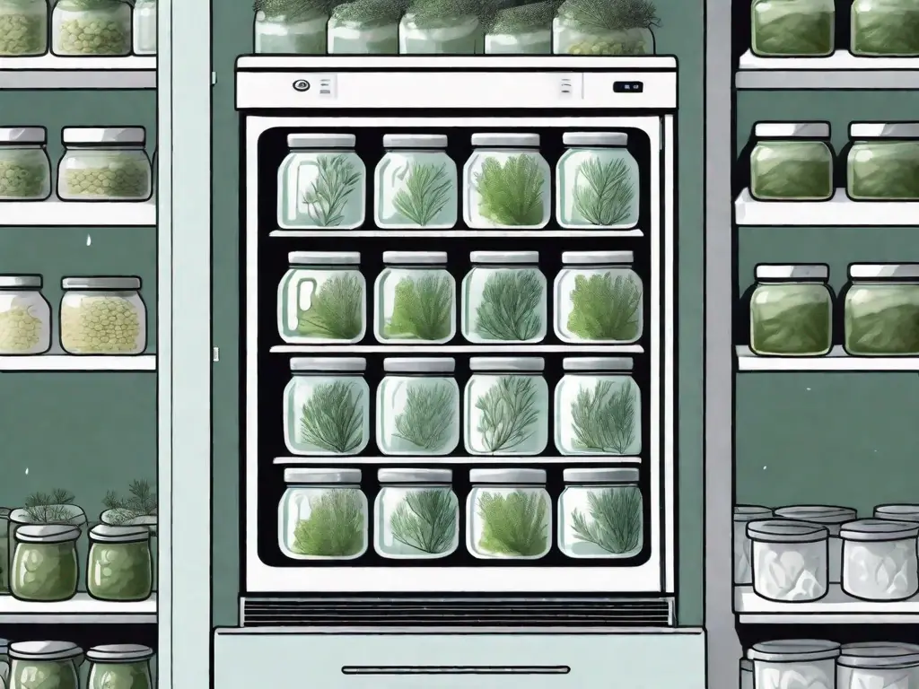 A freezer with its door open revealing several jars filled with frozen dill