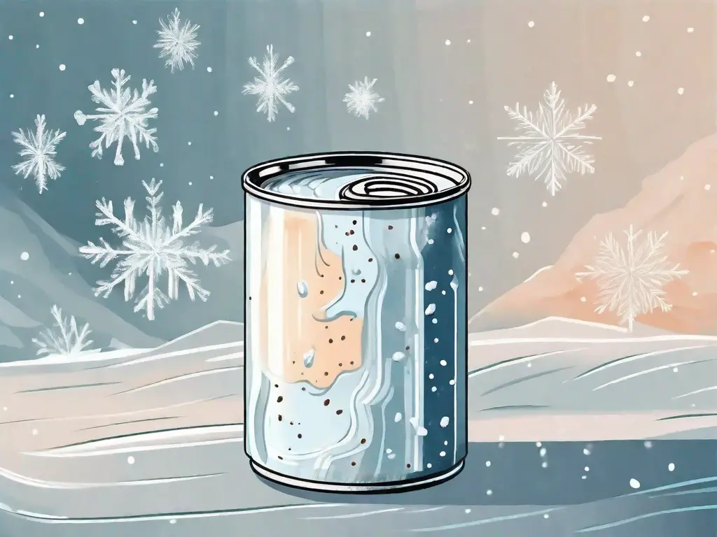 A can of evaporated milk inside a frosty freezer with ice crystals around it