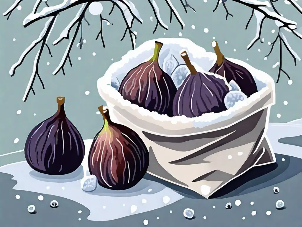 Fresh figs on a branch and a few frozen figs in a freezer bag
