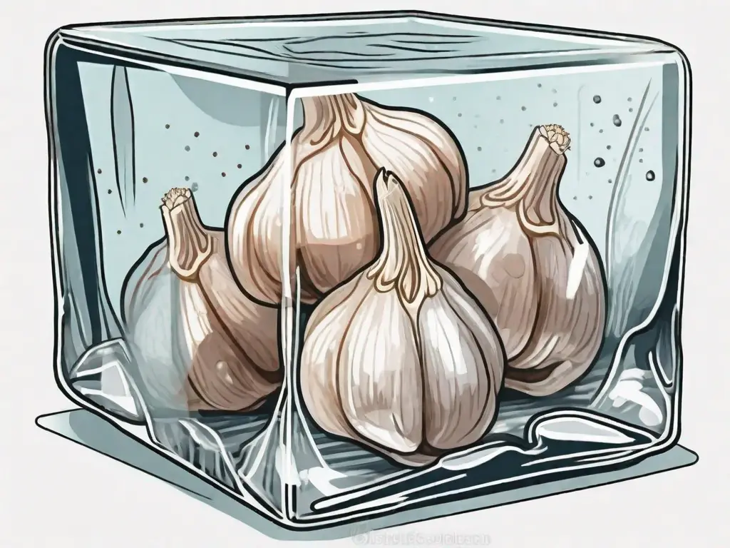 Several cloves of garlic inside a clear ice cube