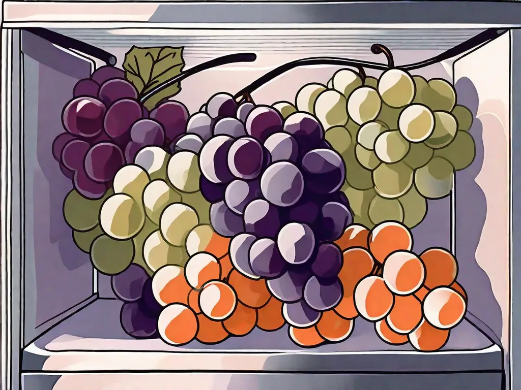 A cluster of grapes inside a frosty freezer
