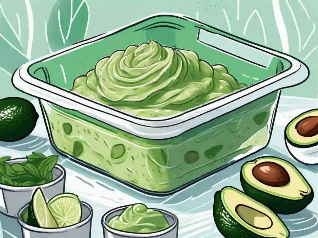 A container of guacamole being placed into a freezer