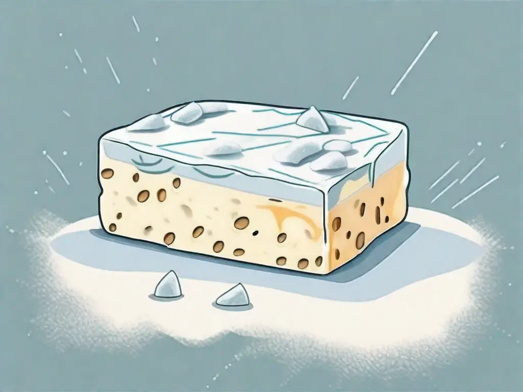 A piece of halloumi cheese inside a frosty freezer