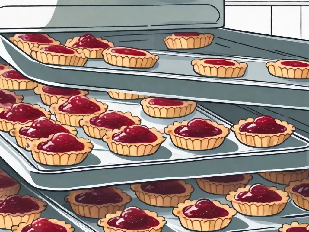 A few jam tarts on a tray being placed into a freezer