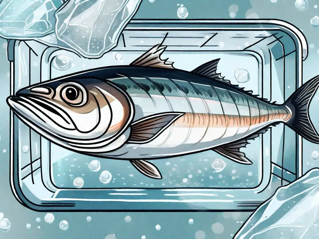 A mackerel fish inside a transparent freezer