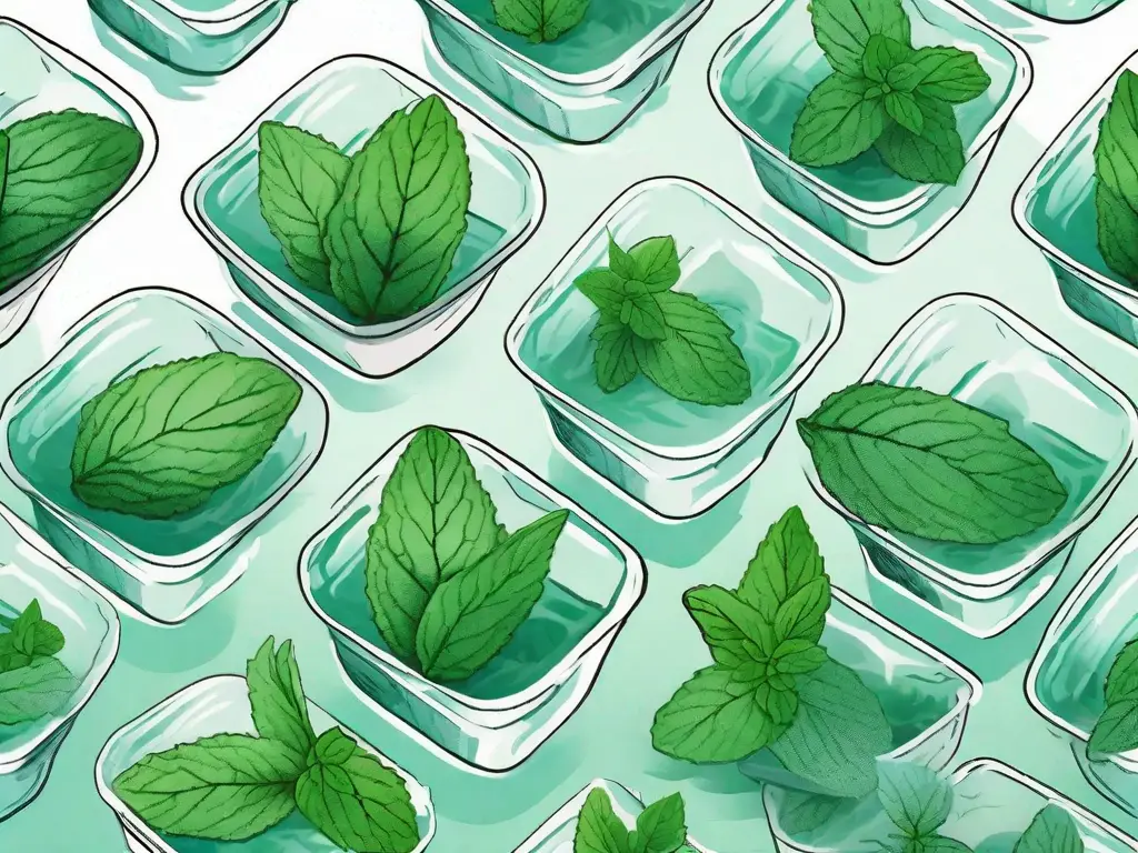 Fresh mint leaves inside an ice cube tray