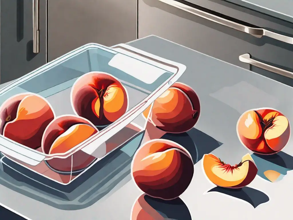 A few nectarines on a kitchen counter next to a freezer